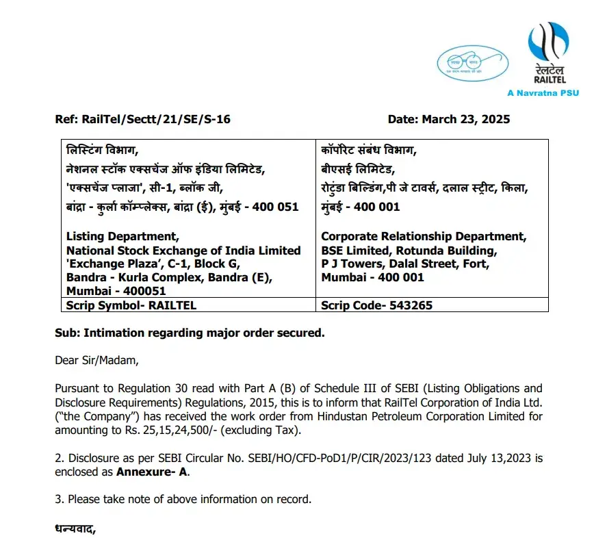 Railtail News : रेलटेल का शेयर: 25 करोड़ का ऑर्डर, रॉकेट की तरह भागा शेयर! Railtail को HPCL से 25,15,24,500 रुपये का वर्क ऑर्डर मिला है।
